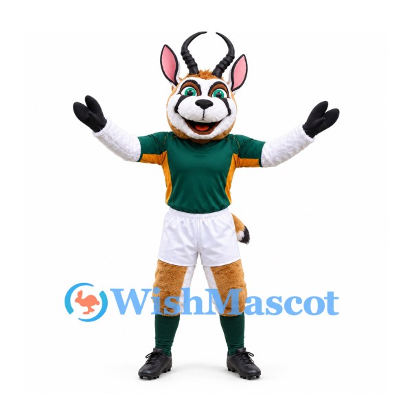 Antelope Mascot Costume in Green and White Sports Uniform