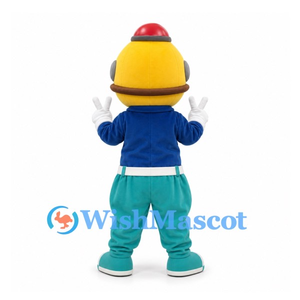 Robot Mascot Costume with Yellow Helmet Blue Jacket and Teal Trousers