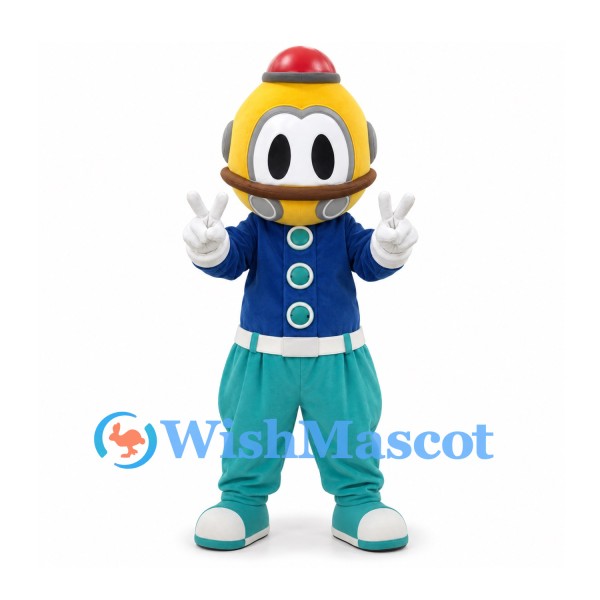 Robot Mascot Costume with Yellow Helmet Blue Jacket and Teal Trousers
