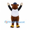 Bull Mascot Costume in Brown with White Baseball Jersey and Navy Cap