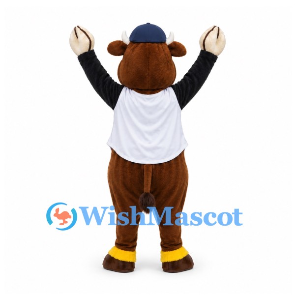 Bull Mascot Costume in Brown with White Baseball Jersey and Navy Cap