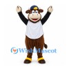 Bull Mascot Costume in Brown with White Baseball Jersey and Navy Cap