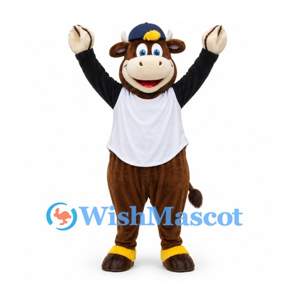Bull Mascot Costume in Brown with White Baseball Jersey and Navy Cap