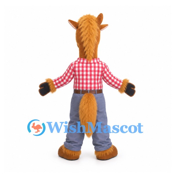 Horse Mascot Costume in Red Checkered Shirt and Blue Jeans
