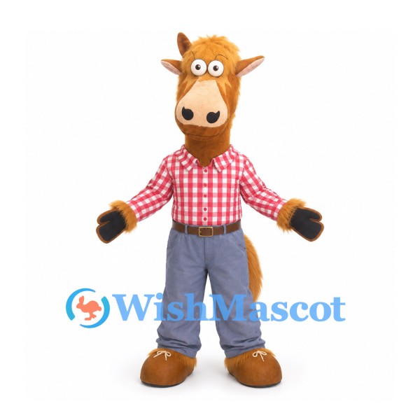 Horse Mascot Costume in Red Checkered Shirt and Blue Jeans