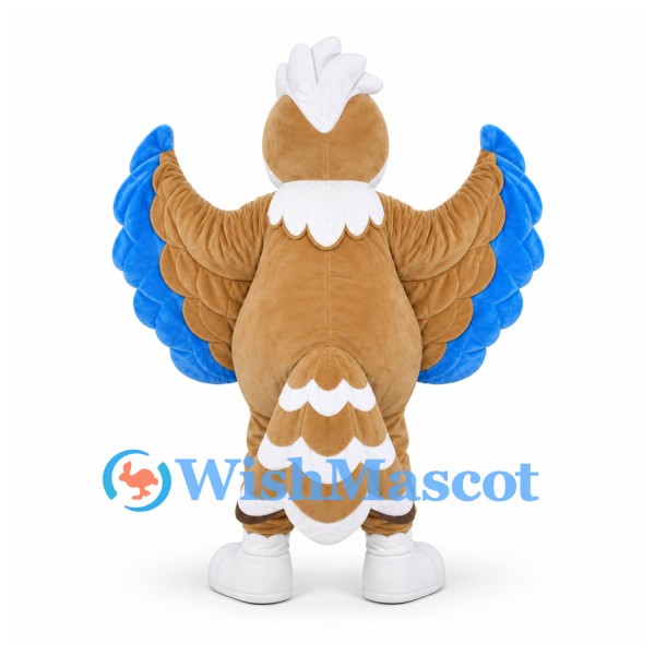 Owl Mascot Costume in Brown and White with Blue Wing Feathers