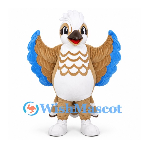 Owl Mascot Costume in Brown and White with Blue Wing Feathers