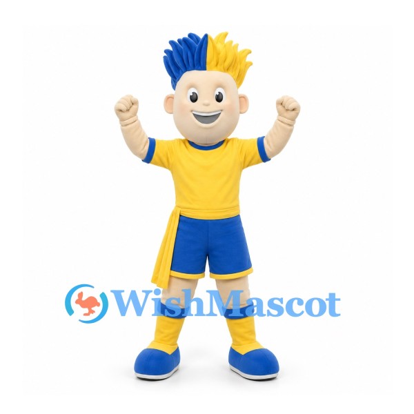Boy Mascot Costume in Yellow and Blue Sports Uniform with Spiked Hair