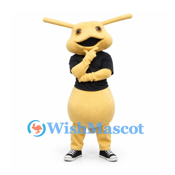 Ant Mascot Costume in Yellow with Black Shirt and Long Antennae