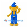 Bear Mascot Costume in Yellow with Blue Overalls and Pointed Hat