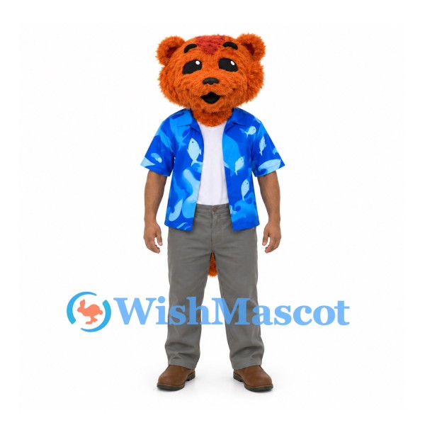 Tiger Mascot Costume with Blue Tropical Shirt and Gray Trousers