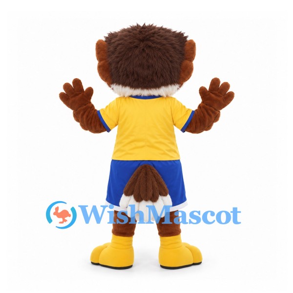 Eagle Mascot Costume in Brown with Yellow Shirt and Blue Shorts