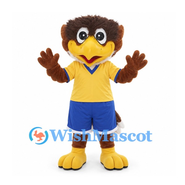 Eagle Mascot Costume in Brown with Yellow Shirt and Blue Shorts