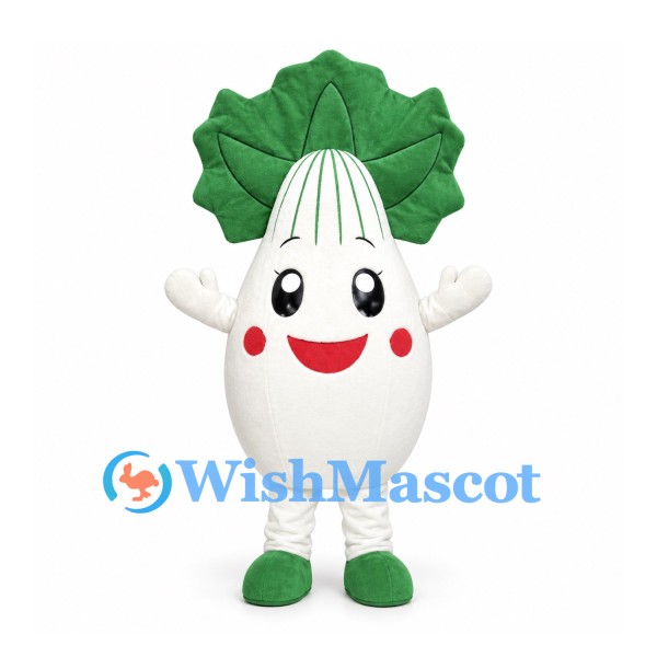 Radish Mascot Costume in White with Large Green Leaves
