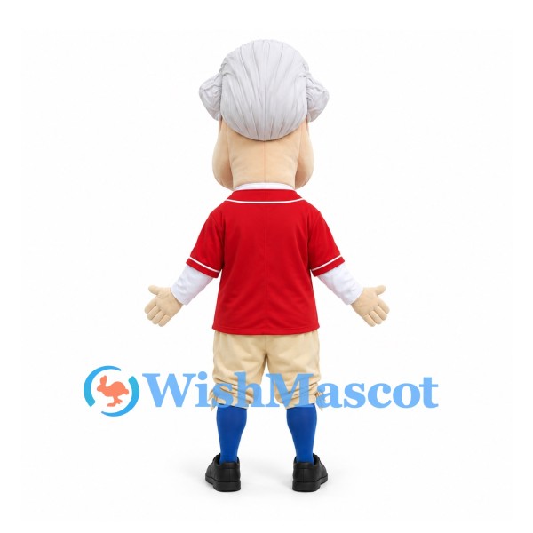 Colonial Man Mascot Costume in Red Jersey with Gray Hair and Beige Breeches