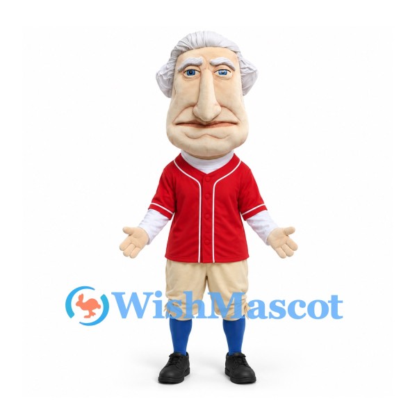 Colonial Man Mascot Costume in Red Jersey with Gray Hair and Beige Breeches