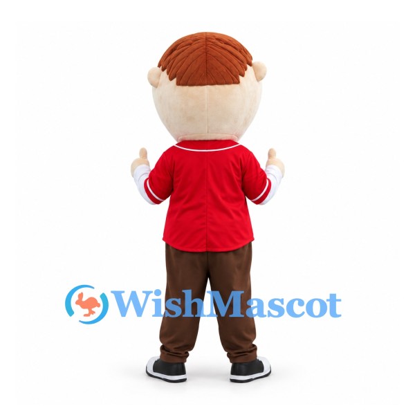 Man Mascot Costume in Red Jersey with Red Mustache and Brown Trousers