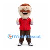 Man Mascot Costume in Red Jersey with Red Mustache and Brown Trousers
