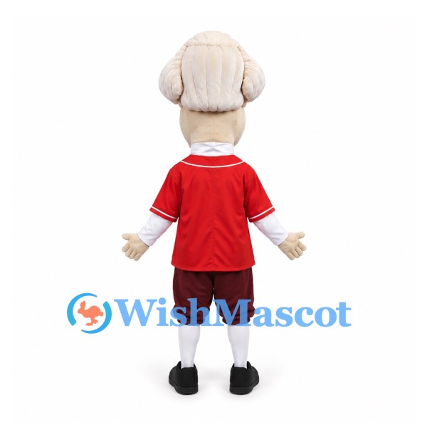 Colonial Man Mascot Costume in Red Jersey with Gray Wig and Dark Breeches