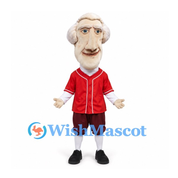 Colonial Man Mascot Costume in Red Jersey with Gray Wig and Dark Breeches