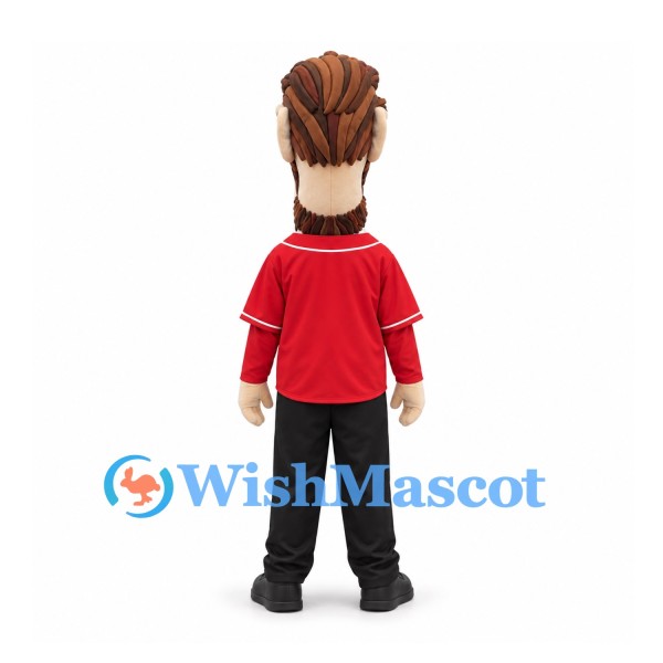 Bearded Man Mascot Costume in Red Jersey and Black Trousers