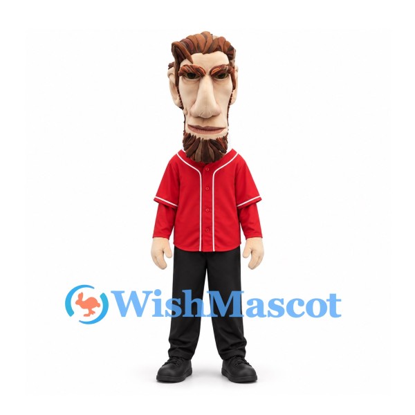 Bearded Man Mascot Costume in Red Jersey and Black Trousers