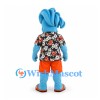 Alien Mascot Costume in Blue with Tropical Shirt and Orange Shorts