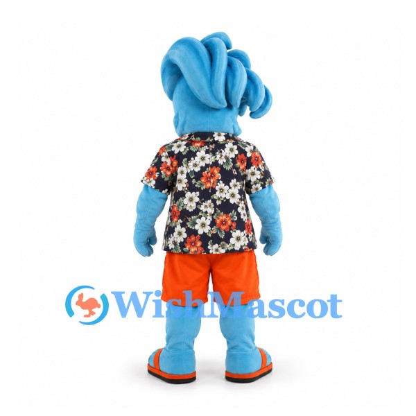 Alien Mascot Costume in Blue with Tropical Shirt and Orange Shorts