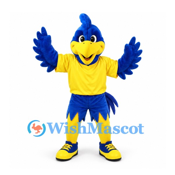 Bird Mascot Costume in Blue with Yellow Shirt