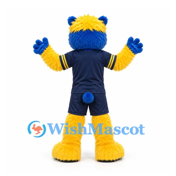 Bear Mascot Costume in Blue and Yellow with Navy Sports Uniform