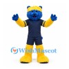 Bear Mascot Costume in Blue and Yellow with Navy Sports Uniform