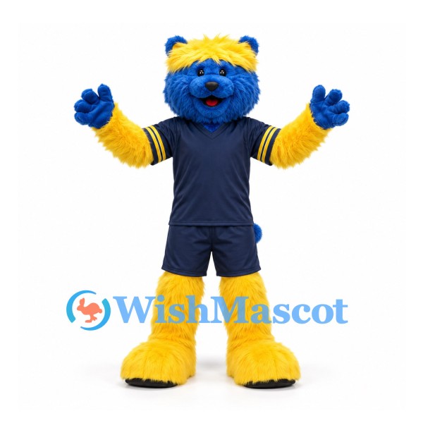 Bear Mascot Costume in Blue and Yellow with Navy Sports Uniform