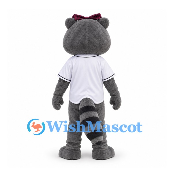 Raccoon Mascot Costume in White Baseball Jersey with Burgundy Bow