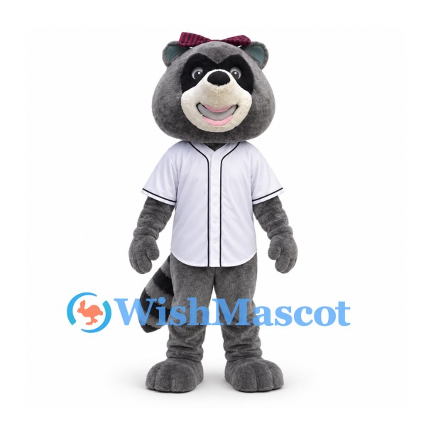 Raccoon Mascot Costume in White Baseball Jersey with Burgundy Bow