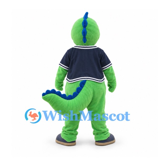 Dinosaur Mascot Costume in Green with Navy Baseball Jacket