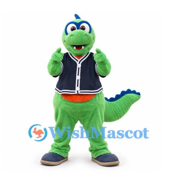 Dinosaur Mascot Costume in Green with Navy Baseball Jacket