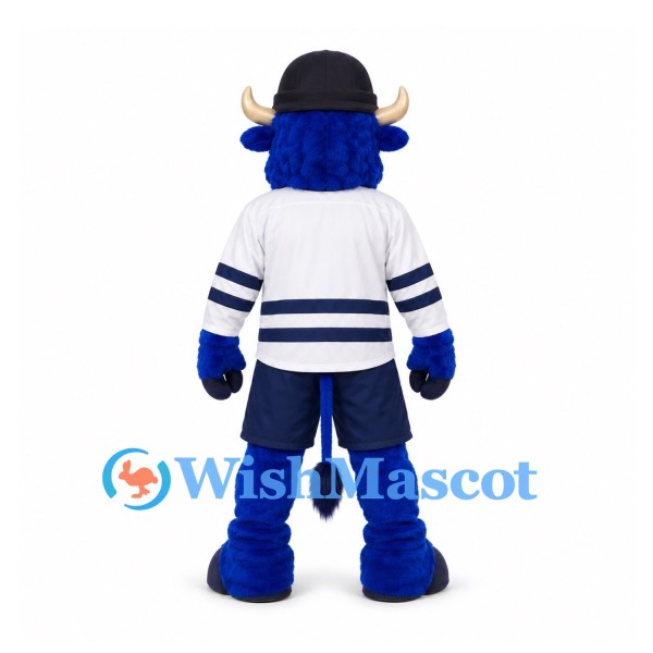 Bull Mascot Costume in Blue with White Hockey Jersey
