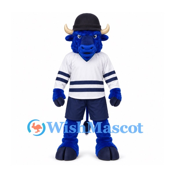Bull Mascot Costume in Blue with White Hockey Jersey