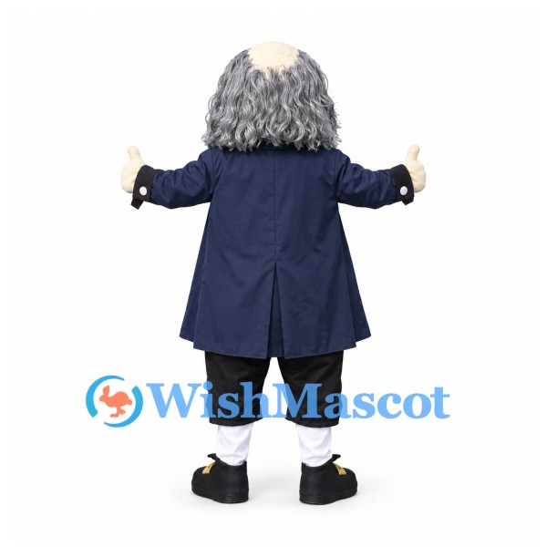 Colonial Man Mascot Costume with Gray Hair and Navy Coat