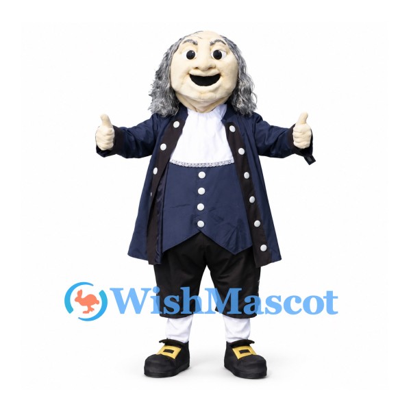 Colonial Man Mascot Costume with Gray Hair and Navy Coat