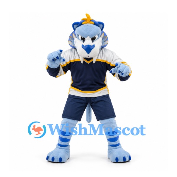 Tiger Mascot Costume in Light Blue with Navy Sports Uniform
