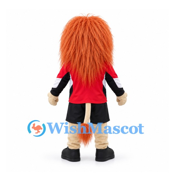Lion Mascot Costume with Long Orange Mane and Red Sports Shirt