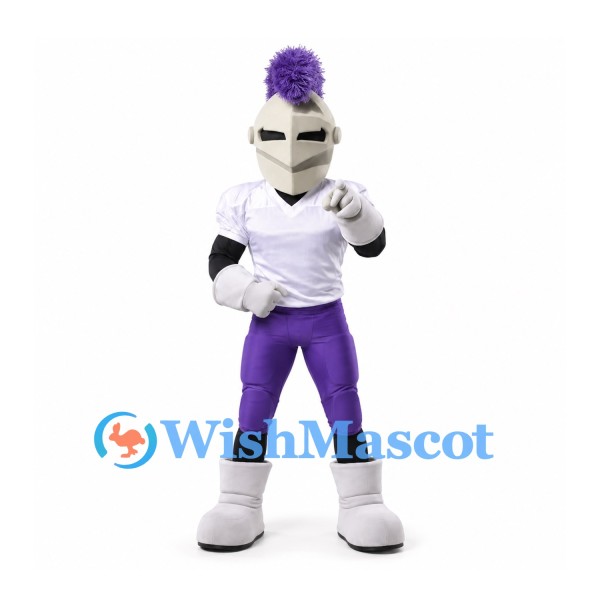Knight Mascot Costume in White Armor with Purple Plume and Trousers
