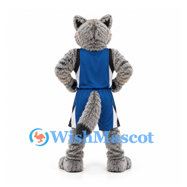 Wolf Mascot Costume in Gray with Blue Sports Uniform