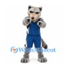 Wolf Mascot Costume in Gray with Blue Sports Uniform