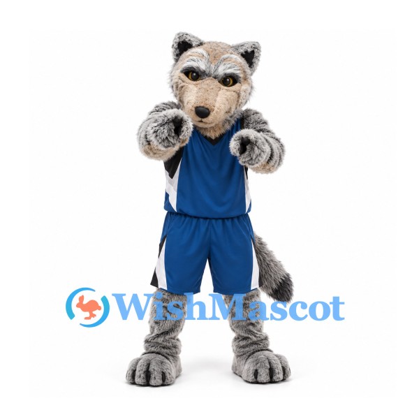Wolf Mascot Costume in Gray with Blue Sports Uniform