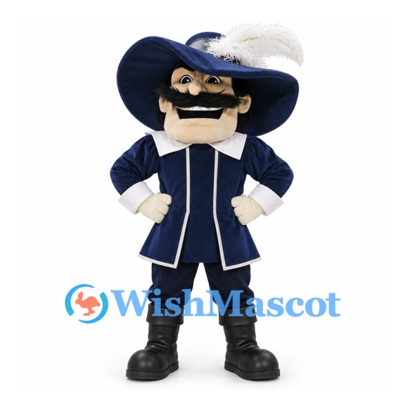 Musketeer Mascot Costume in Navy Coat and Feathered Hat