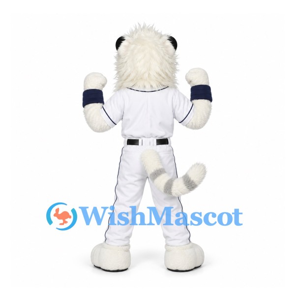 Cat Mascot Costume in White with Baseball Uniform and Striped Tail