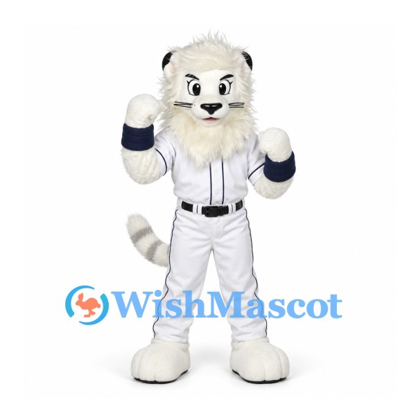 Cat Mascot Costume in White with Baseball Uniform and Striped Tail
