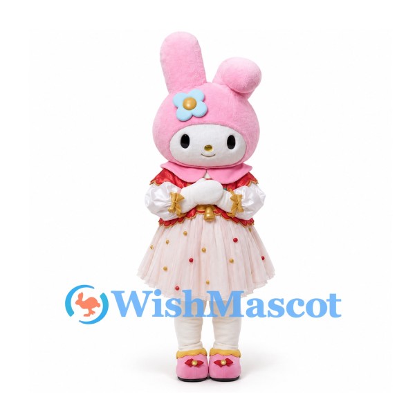 Rabbit Mascot Costume in Pink with Floral Dress and Red Cape